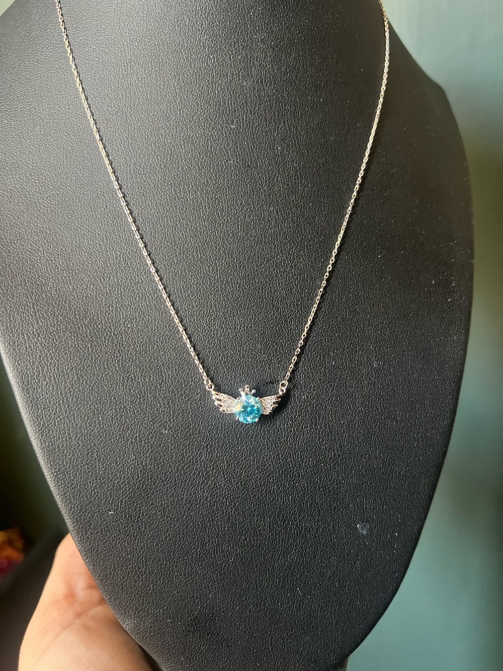 Silver Winged Blue Crystal Pendant Necklace